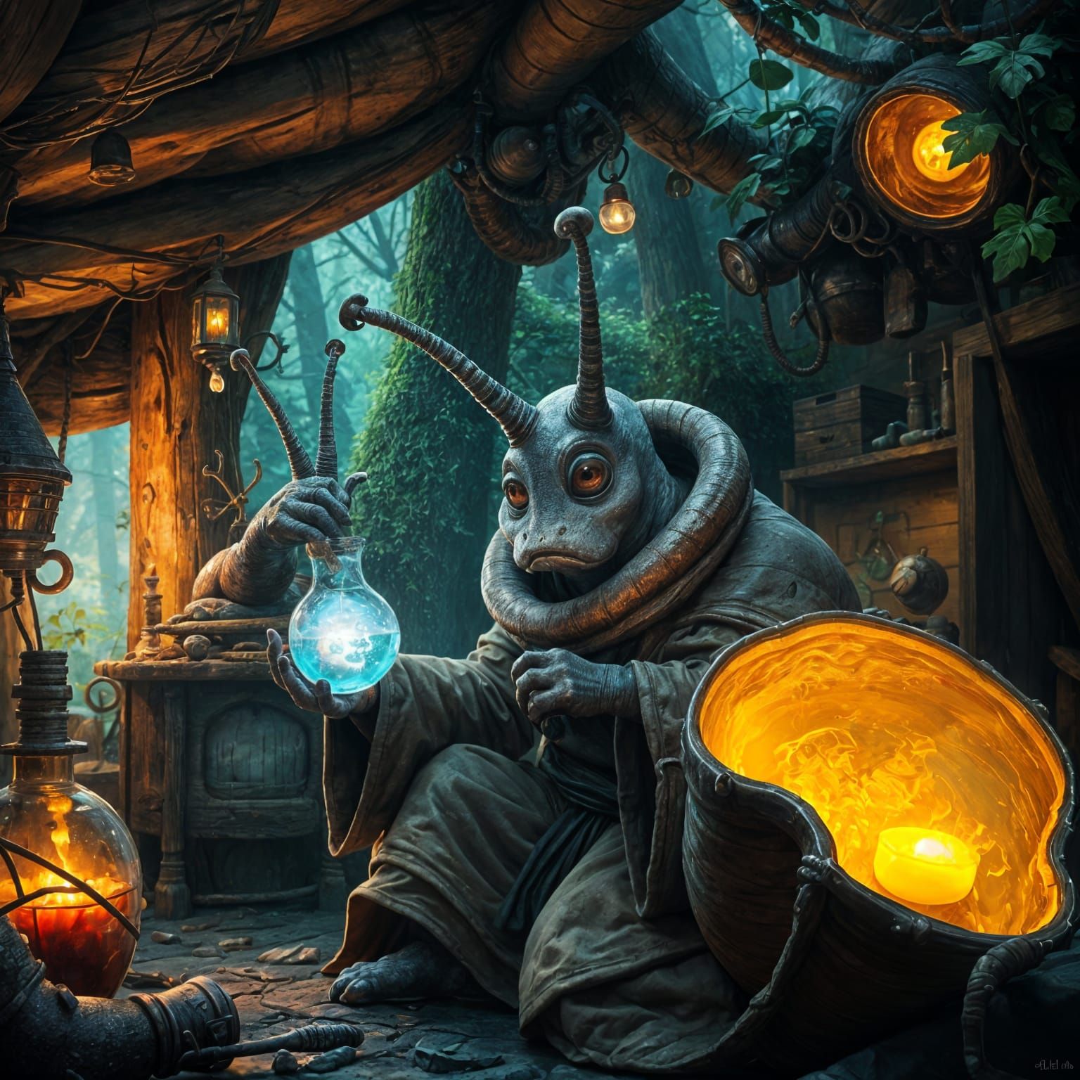 Snail Alchemist in Woodland Shack, Fantasy Concept Art