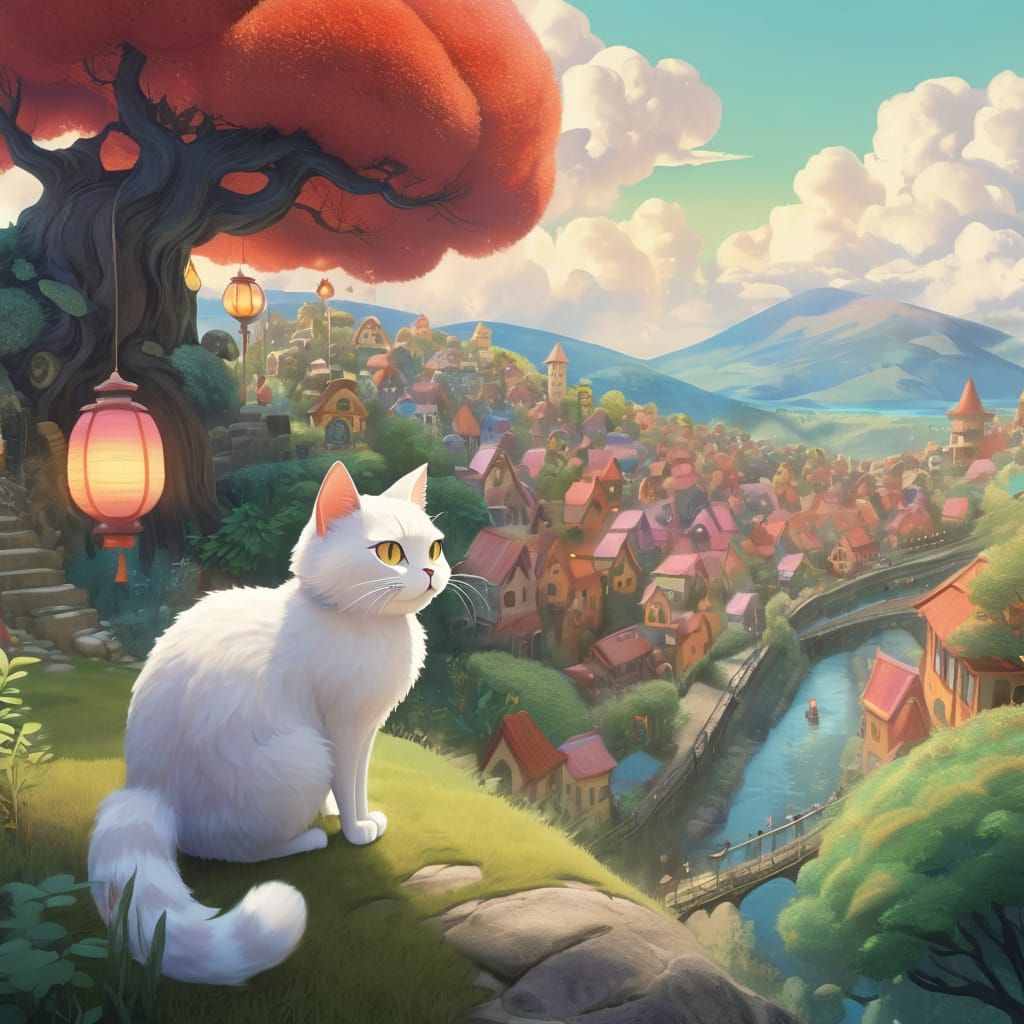 Whimsical cat with landscape