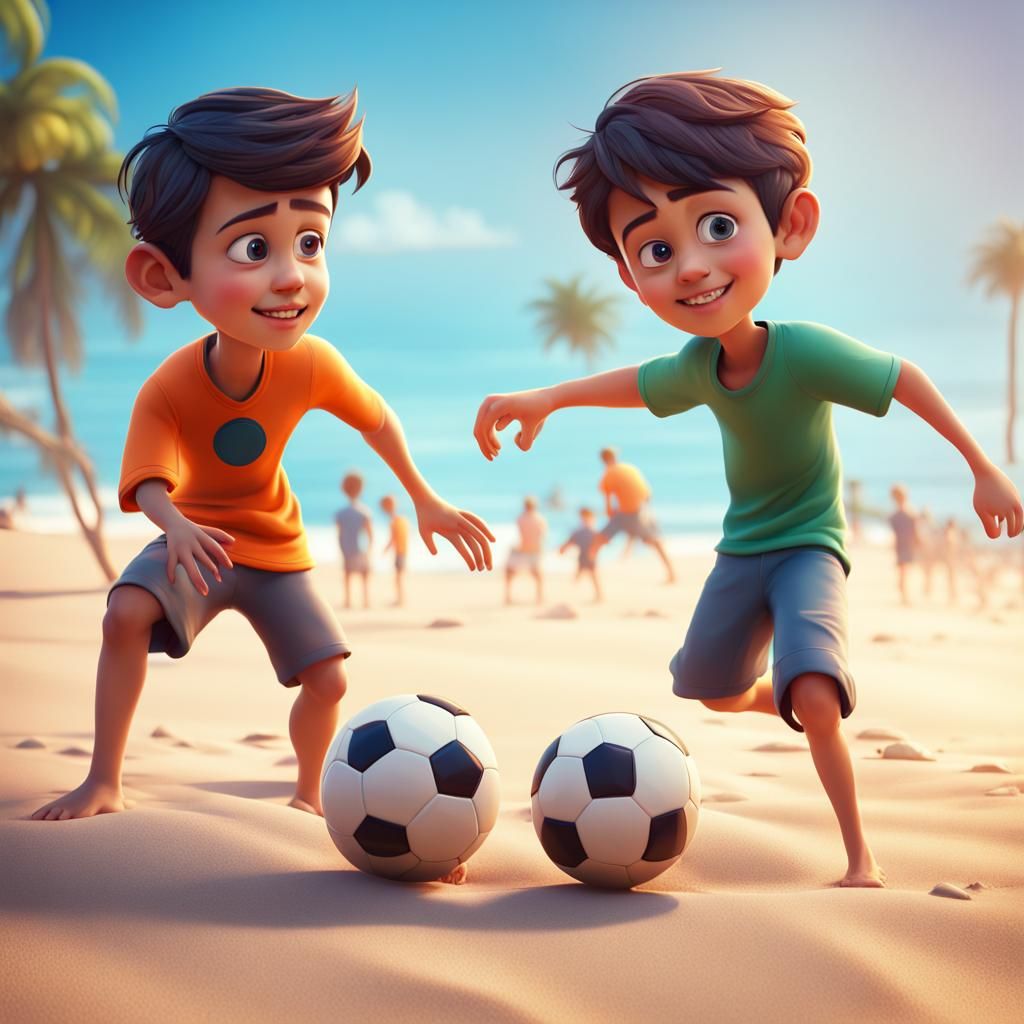 Boys Play Football on Beach: Pixar Style 3D Art