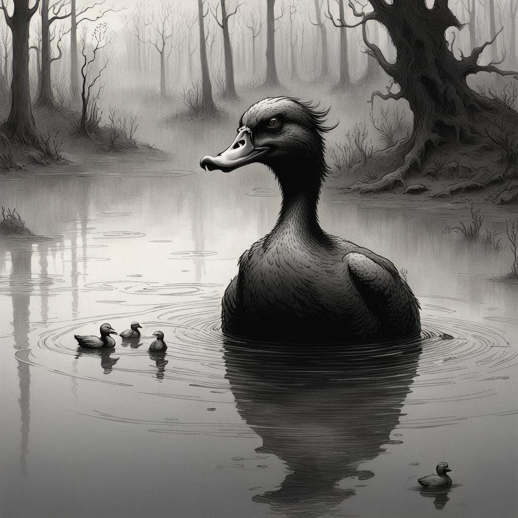 Menacing Demon Duck in Fog, Horror Illustration
