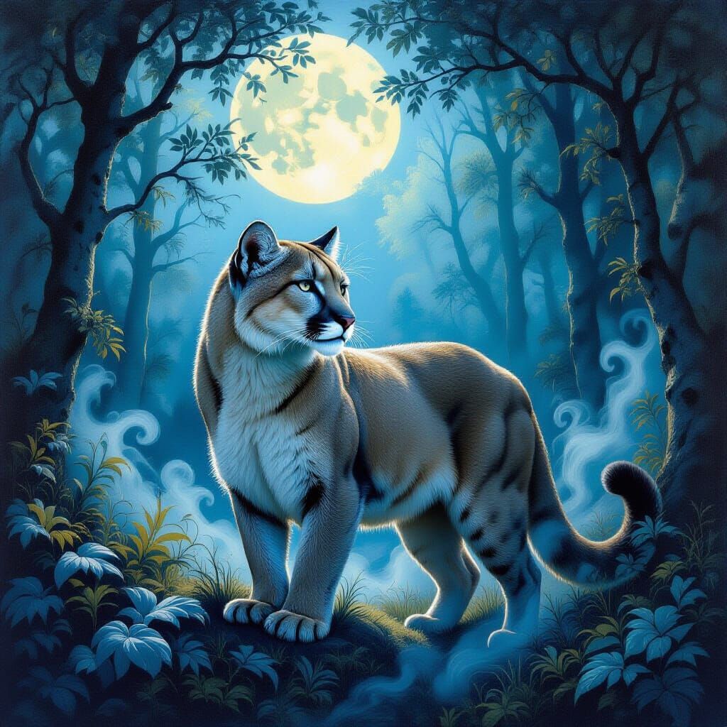 Cobalt Blue Cougar in Mystical Moonlit Forest