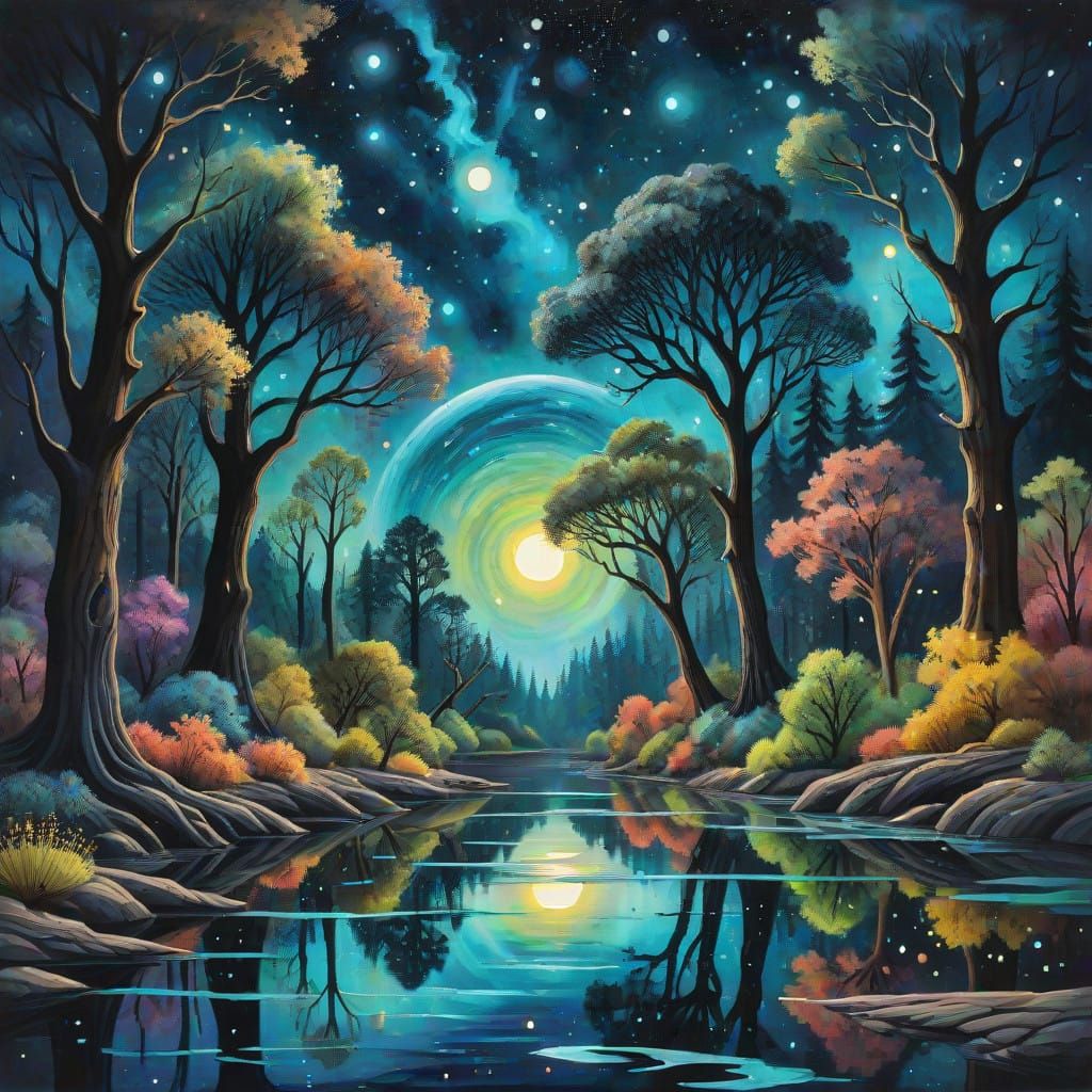 Surreal Cosmic Forest Under Starry Night Sky in Impressive G...