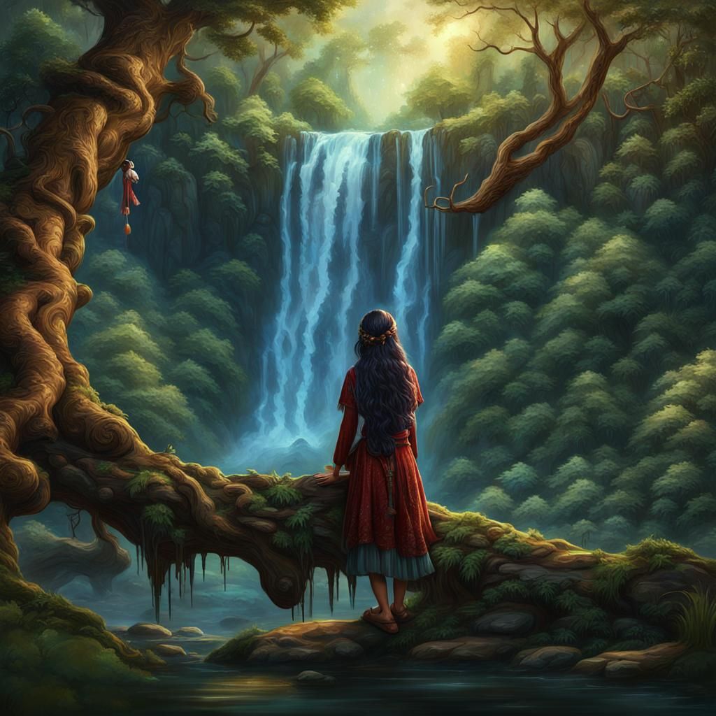 Forest Waterfall Scene with Indian Girl, Detailed Matte Pain...