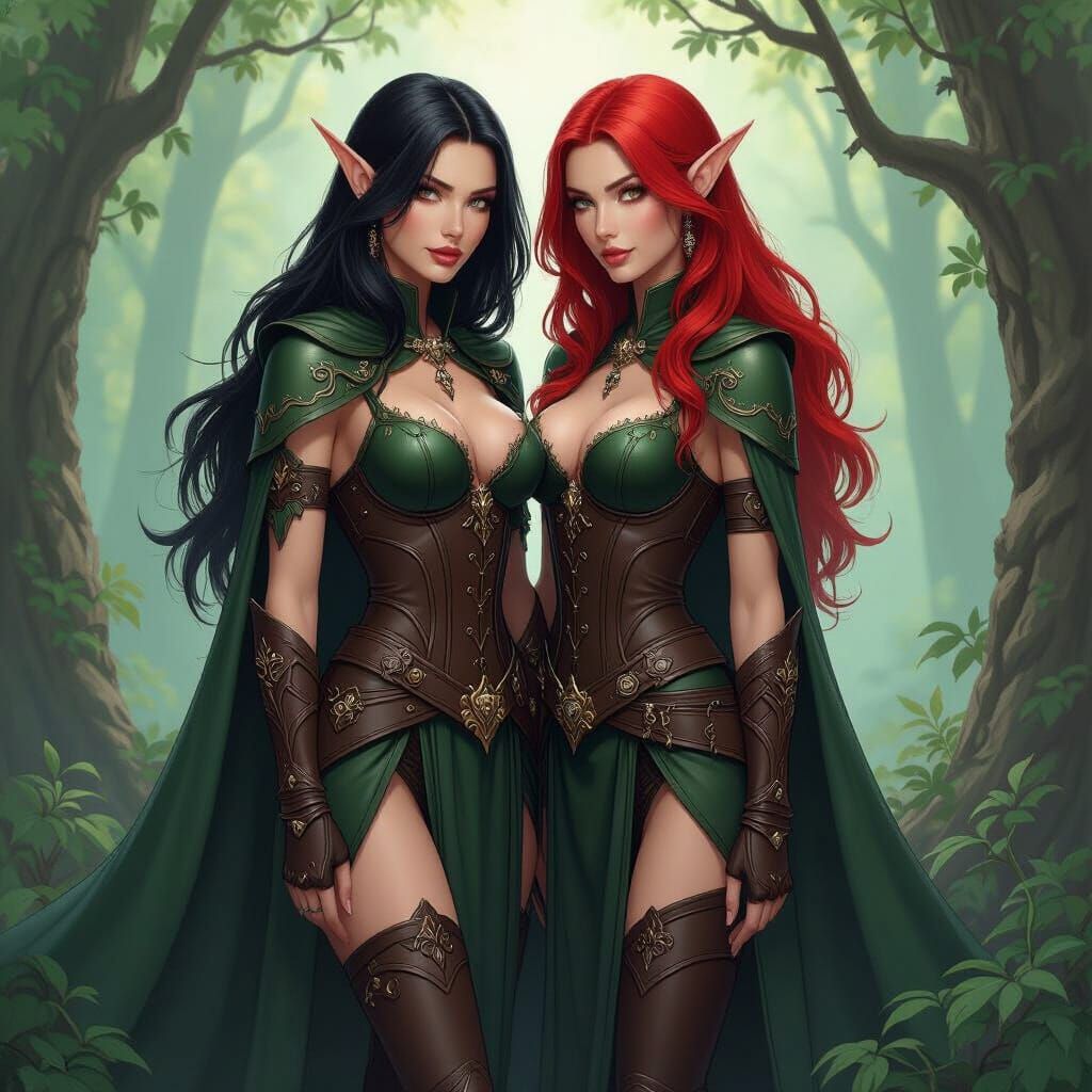Elven Women in Mystical Forest, Fantasy Art
