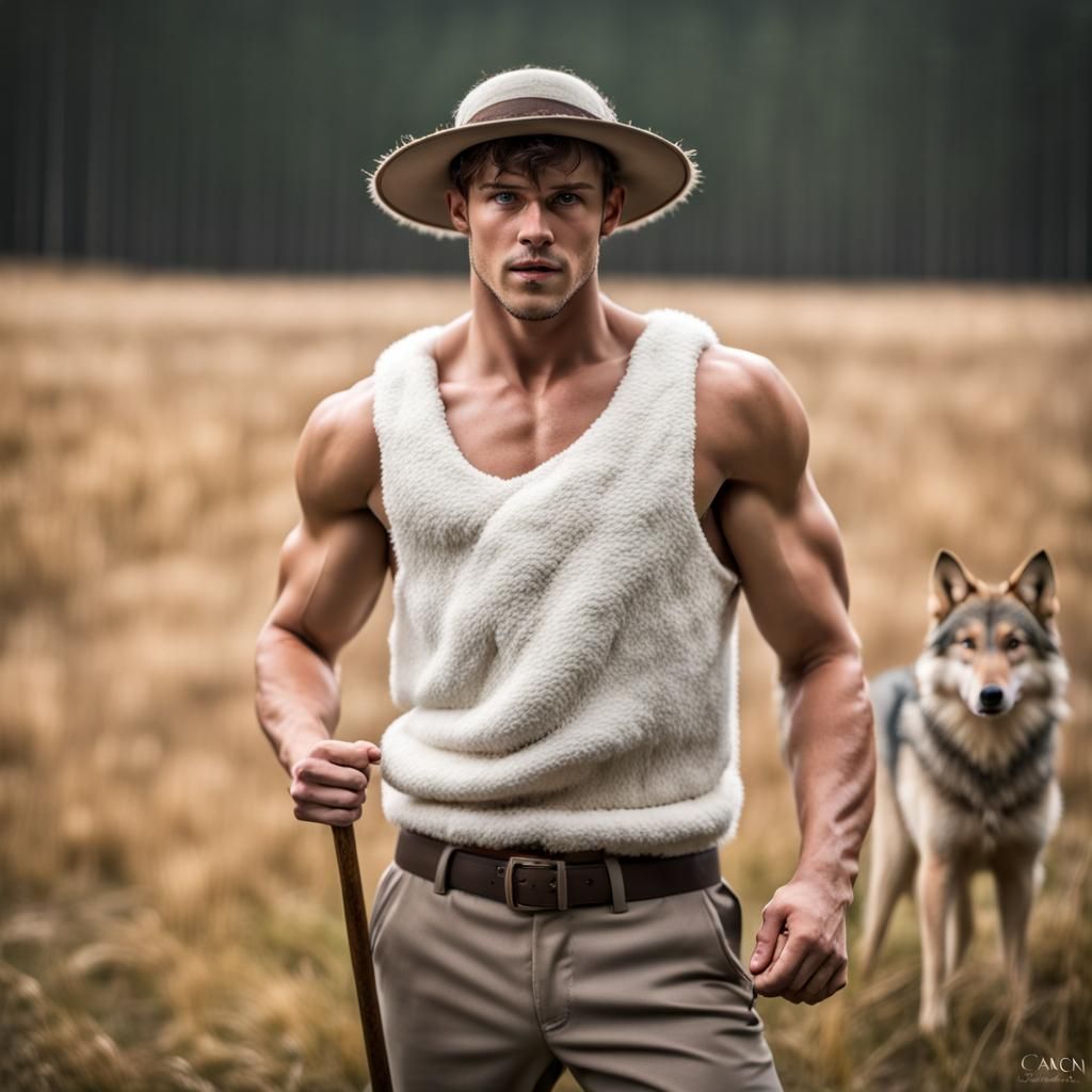 Handsome Shepherd with Wolves in Field, Professional Photogr...