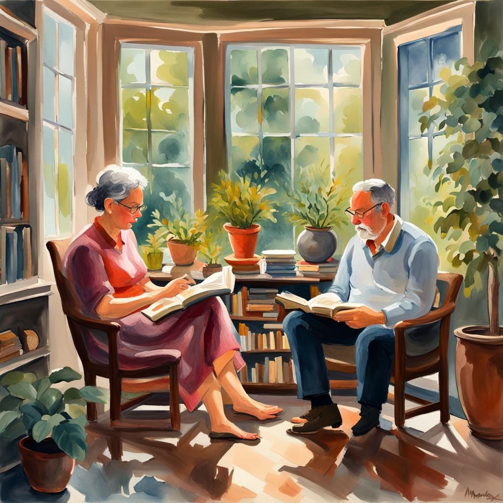 Intellectual Couple Reading: Gouache Impressionist Masterpie...