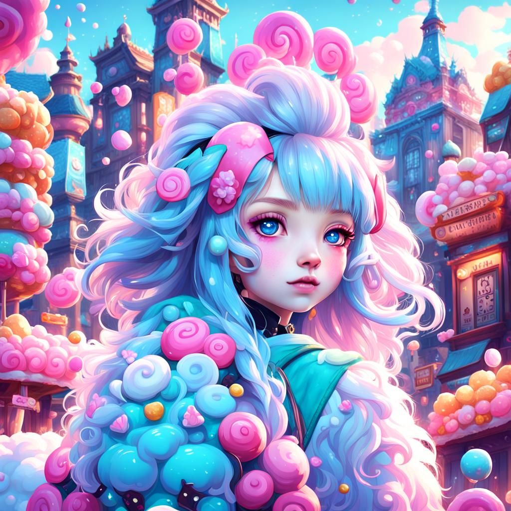 Kawaii Girl Rides Sheep in Candy City