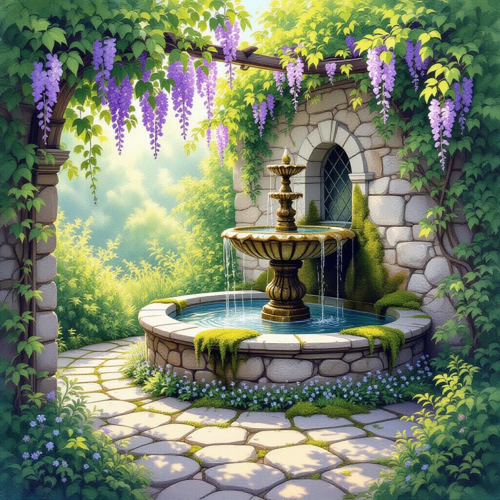 Enchanting Mossy Fountain in Secluded Garden Alcove