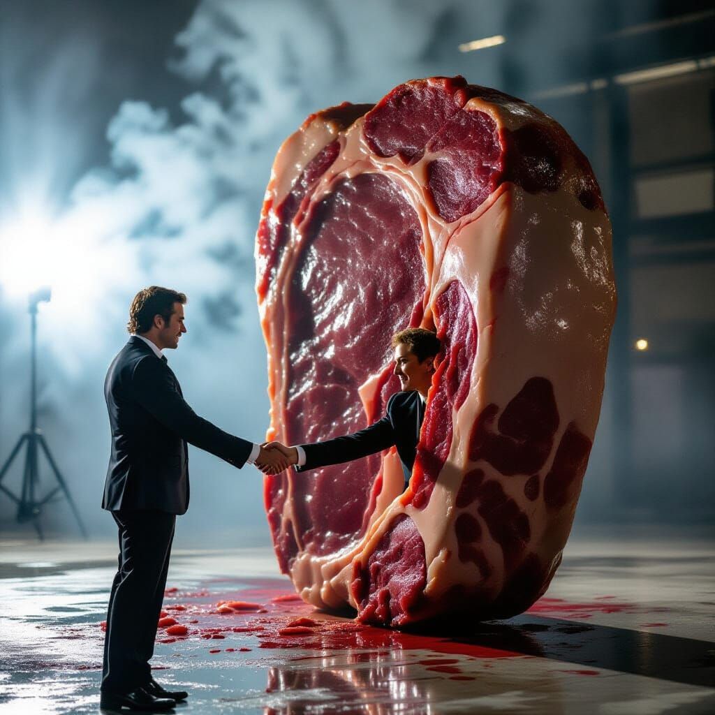 Dramatic Handshake with Meat Slab: Cinematic Film Scene