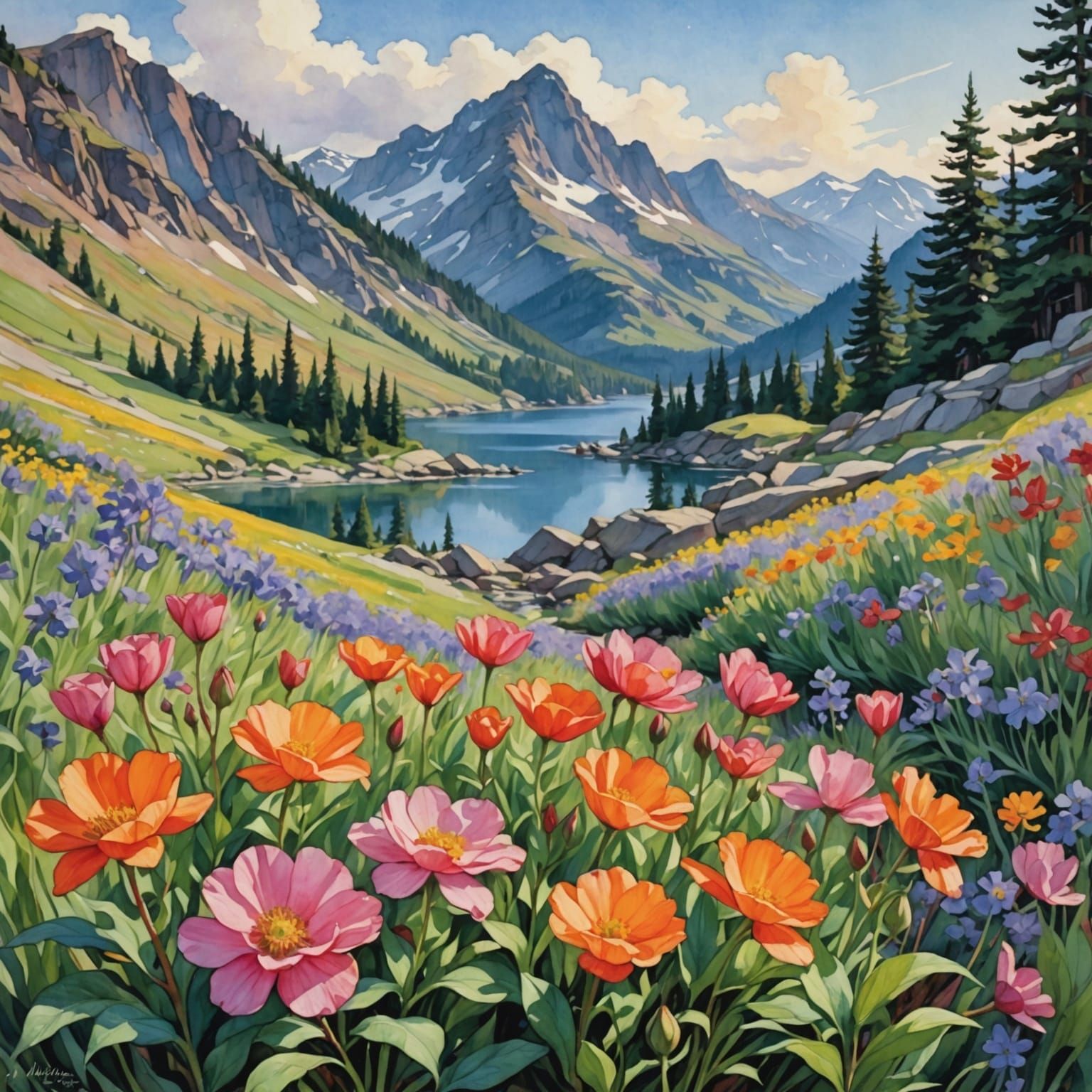 Mountain Wildflowers in Vibrant Watercolor