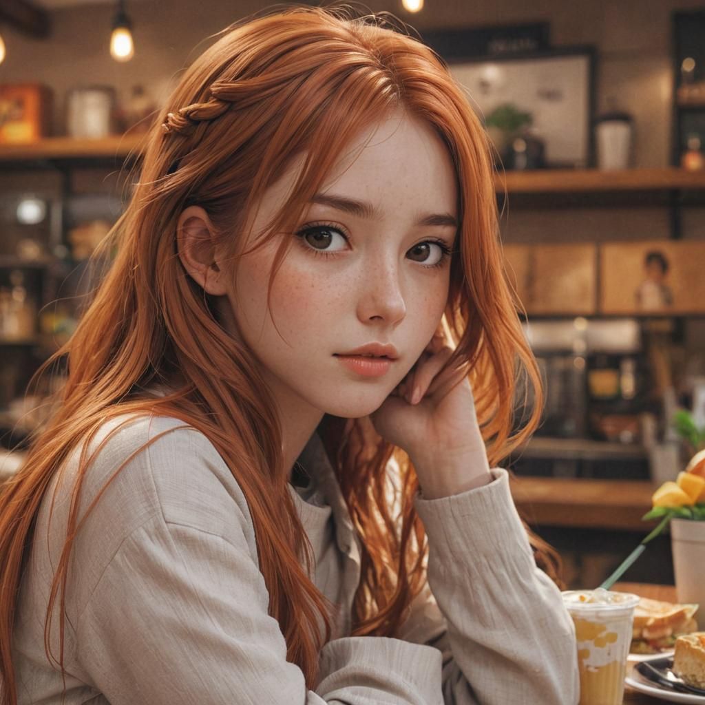 Cute Girl in Cafe, Manga Style Close-Up