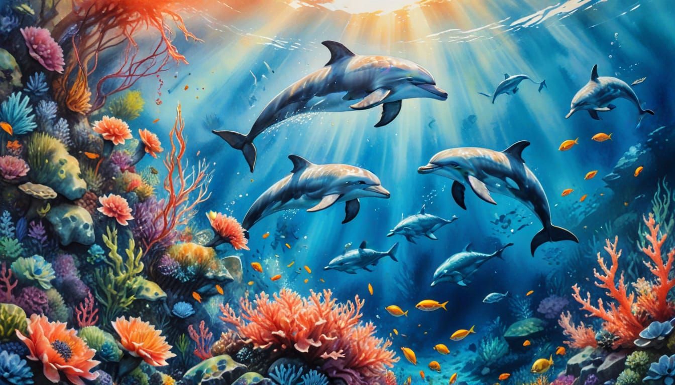 Underwater Scene: Diver and Dolphins in Watercolor