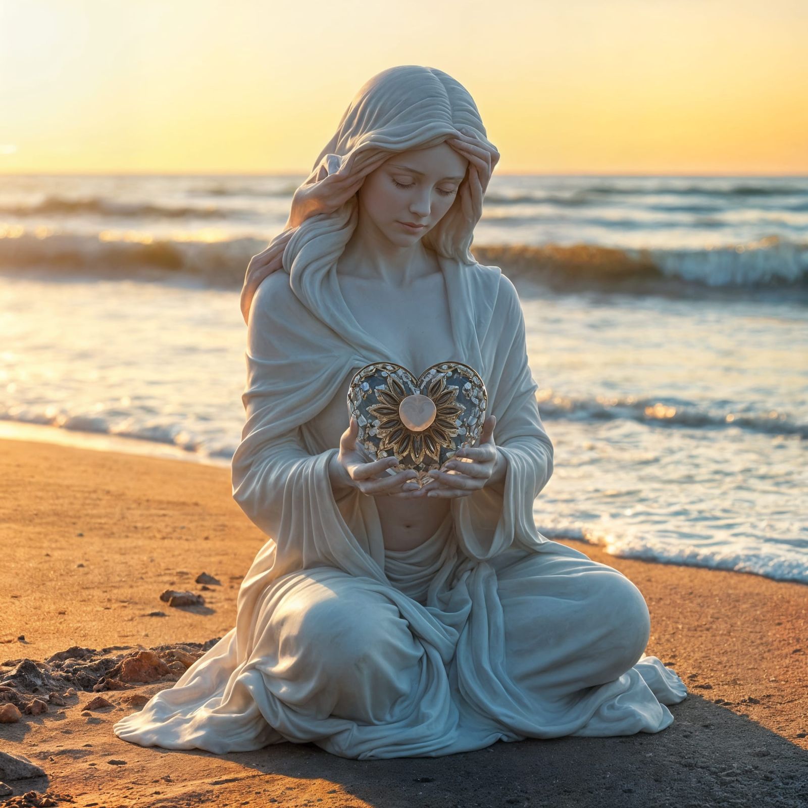 Marble Woman with Glass Heart on Beach