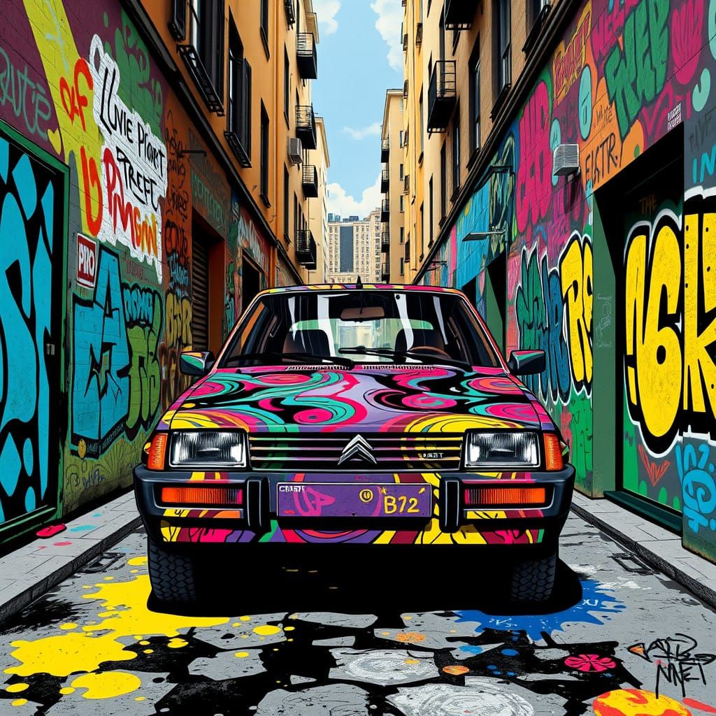 Vibrant City Car Canvas in Cyberpunk Art Nouveau Style