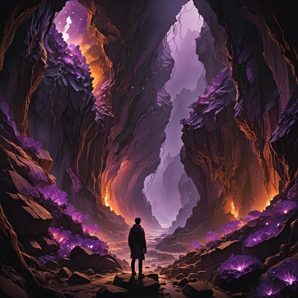Mystical Cavern with Purple Geodes in Photorealistic Style