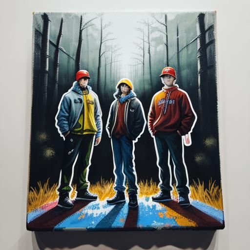 Women Standing on Men in Forest Graffiti Art