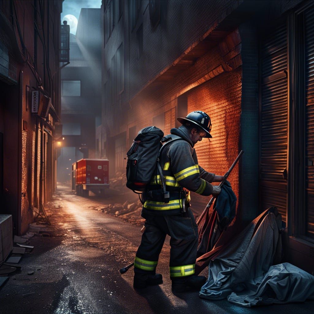 Compassionate Firefighter Helping Homeless Man in Urban Deca...
