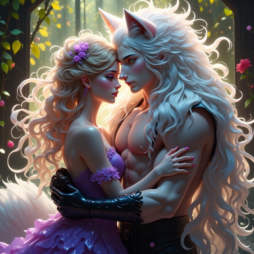 Majestic Nine-Tailed Fox Man in Dreamlike Embrace