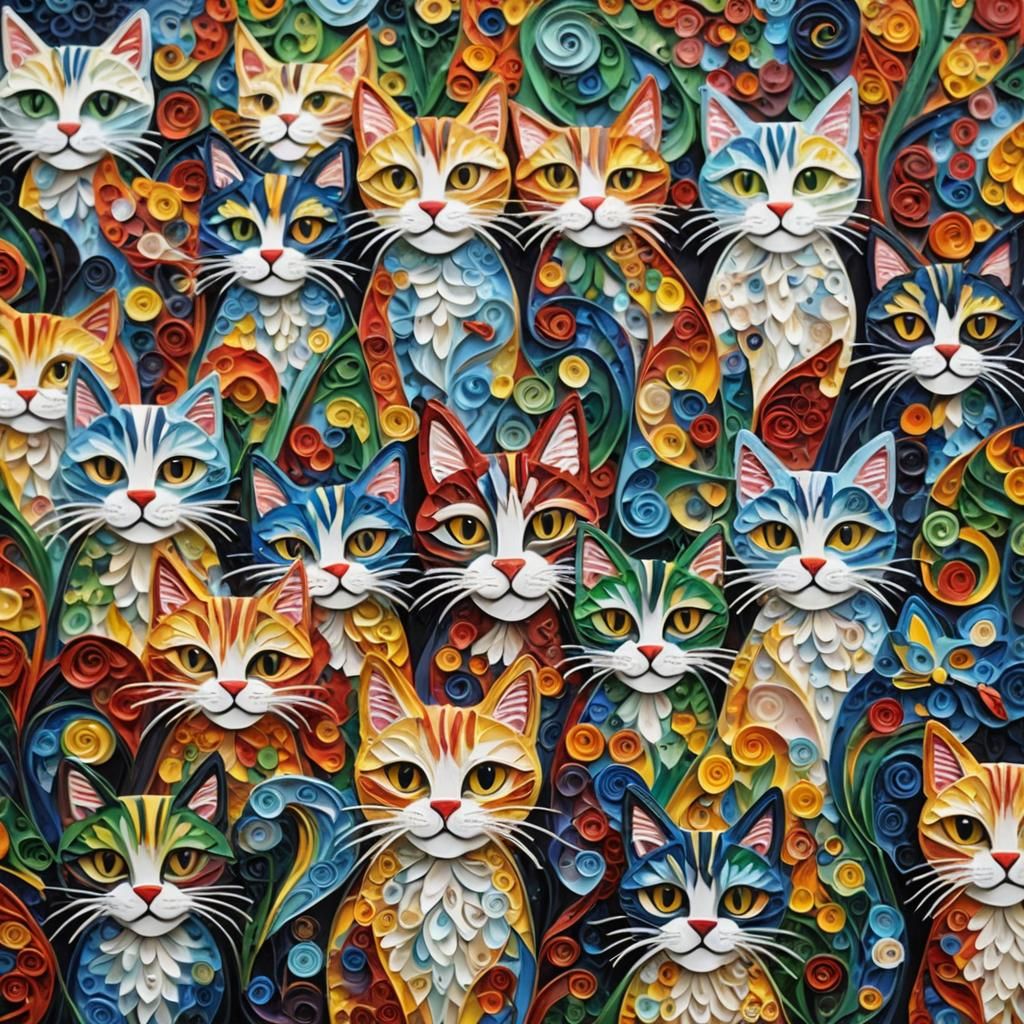 Colourful Quilled Cats in Expressionist Oil Painting