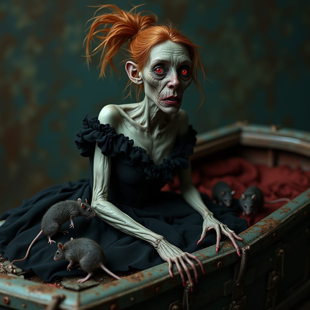 Ethereal Nosferatu Woman Sits Amidst Victorian Mourning, Dar...