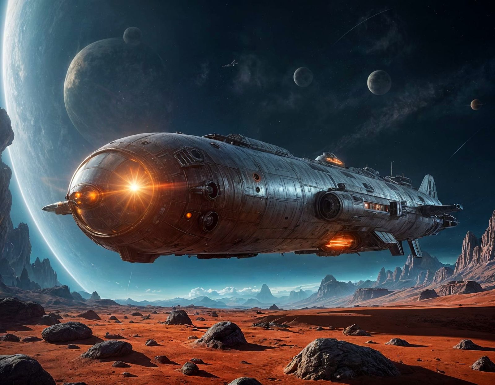 Futuristic WWII Submarine Starship in Alien Solar System