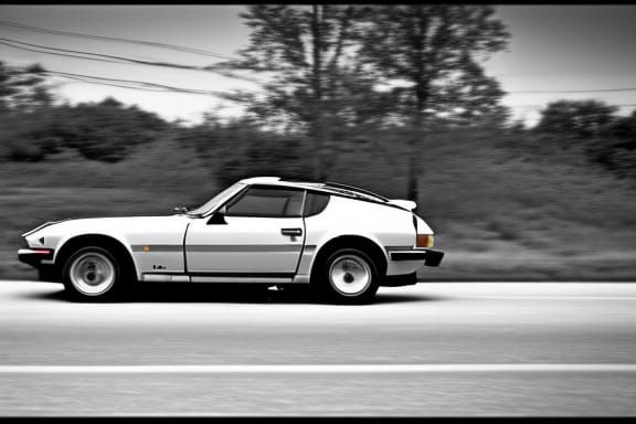 Black Datsun 280Z on Highway, Hyperrealistic Monochrome