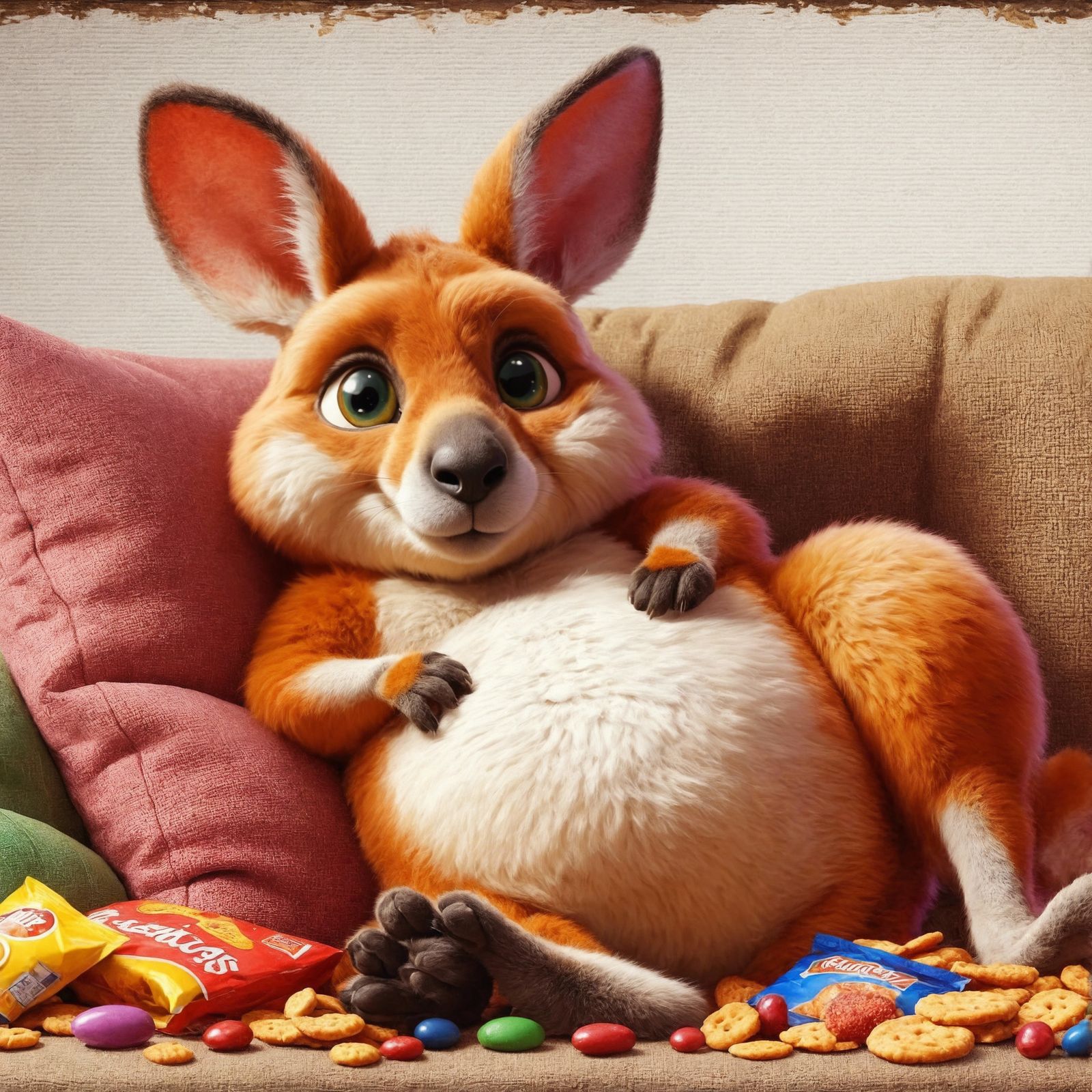 Cartoon Kangaroo Lounging: An Oil Painting