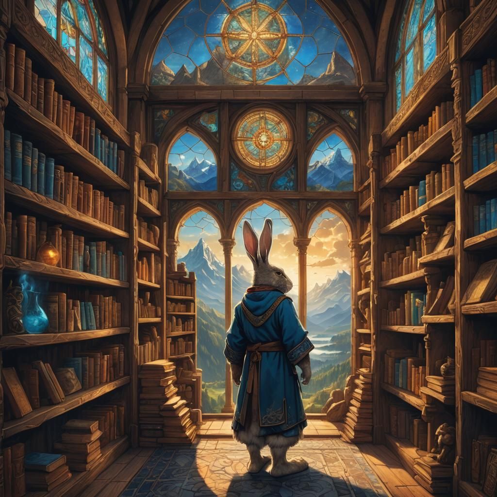 Rabbit Sage in Mystic Library, Matte Painting