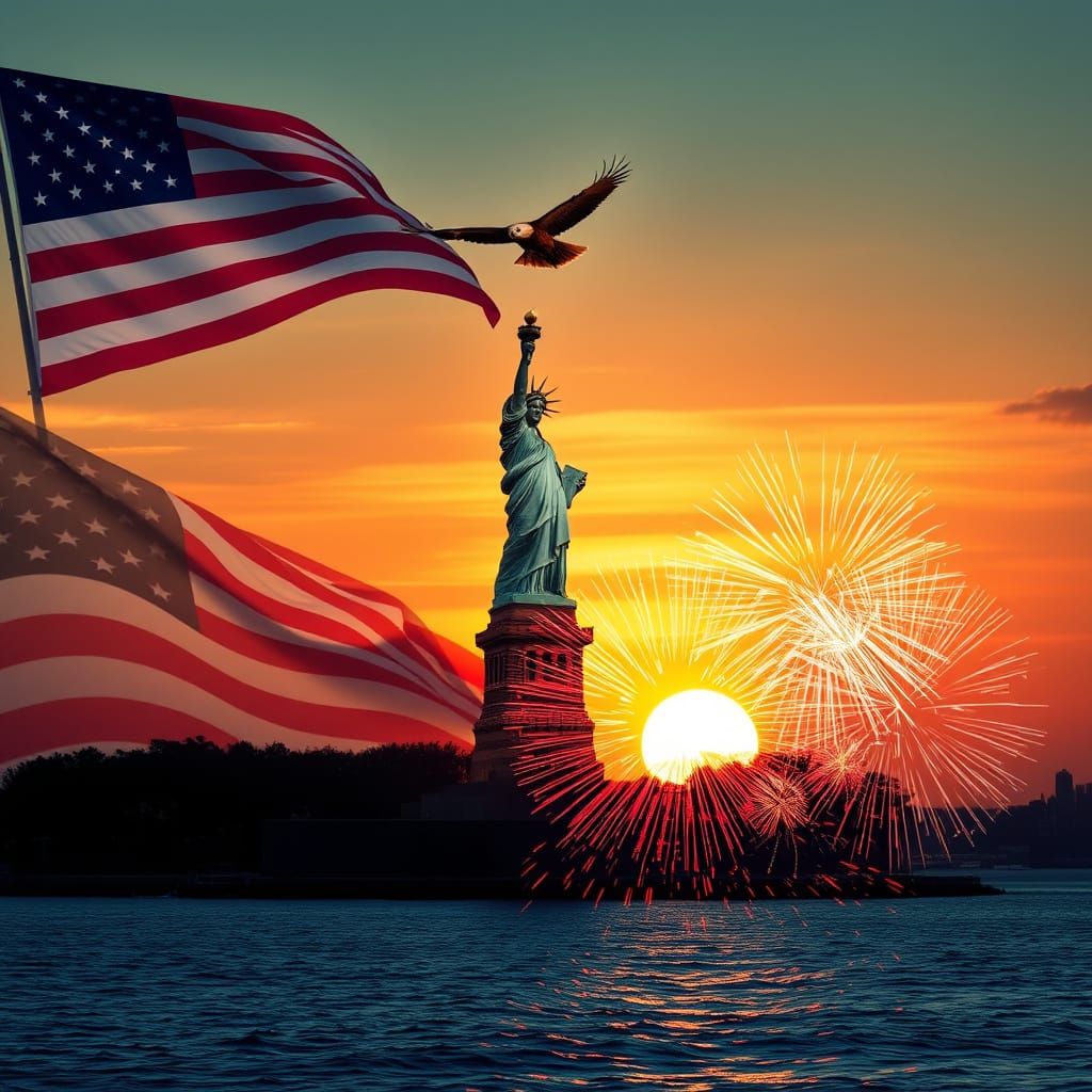 Statue of Liberty Sunset with Eagle and Fireworks