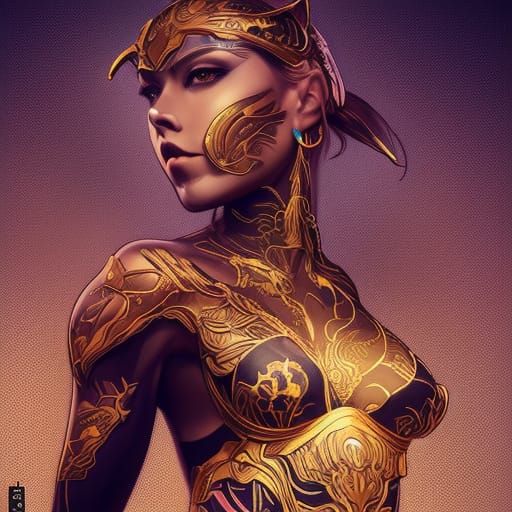 Panther Woman in Gold Armor: Digital Illustration