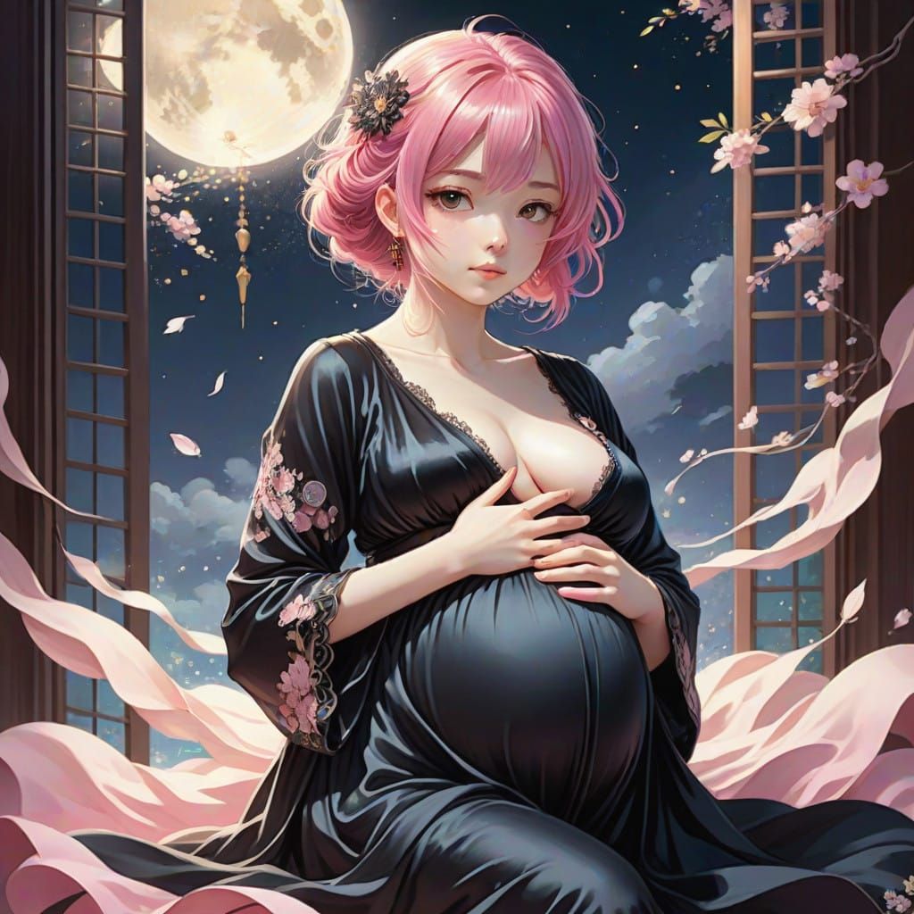 Whimsical Pregnant Woman in Black Nightgown