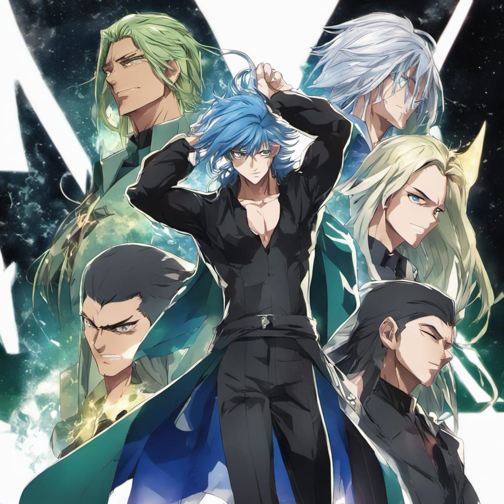 Anime Male Character with Blue Hair and Black Coat