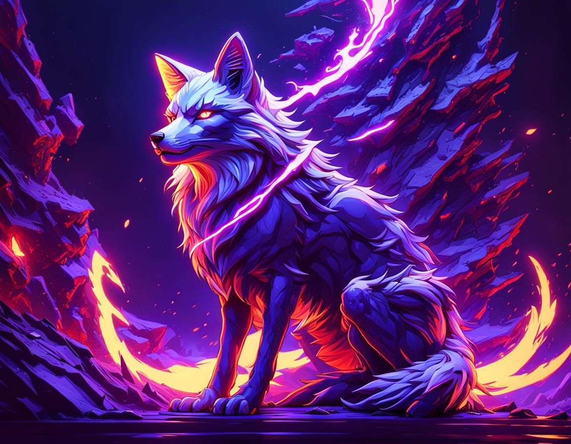 Neon Fox in Red Lightning: Dark Fantasy Art