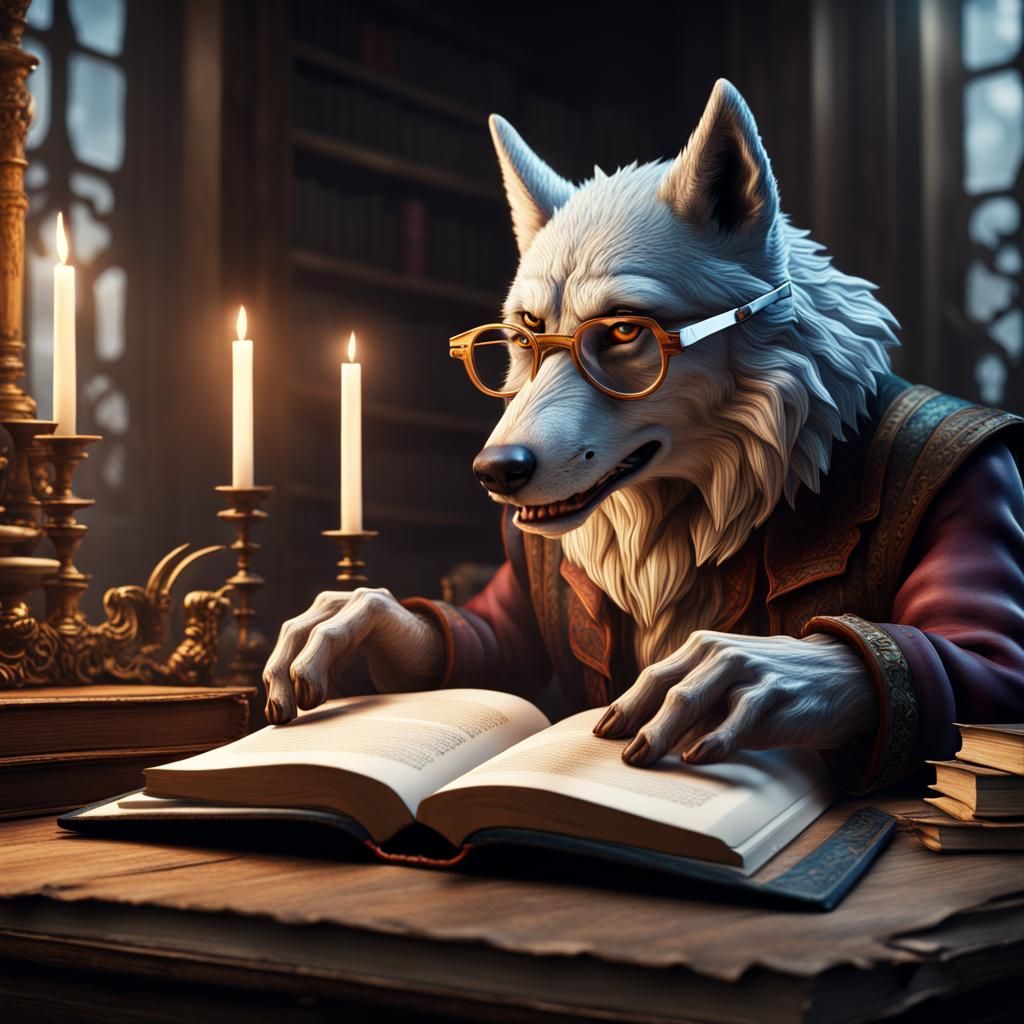 Wolf Scholar Reading an Ancient Book
