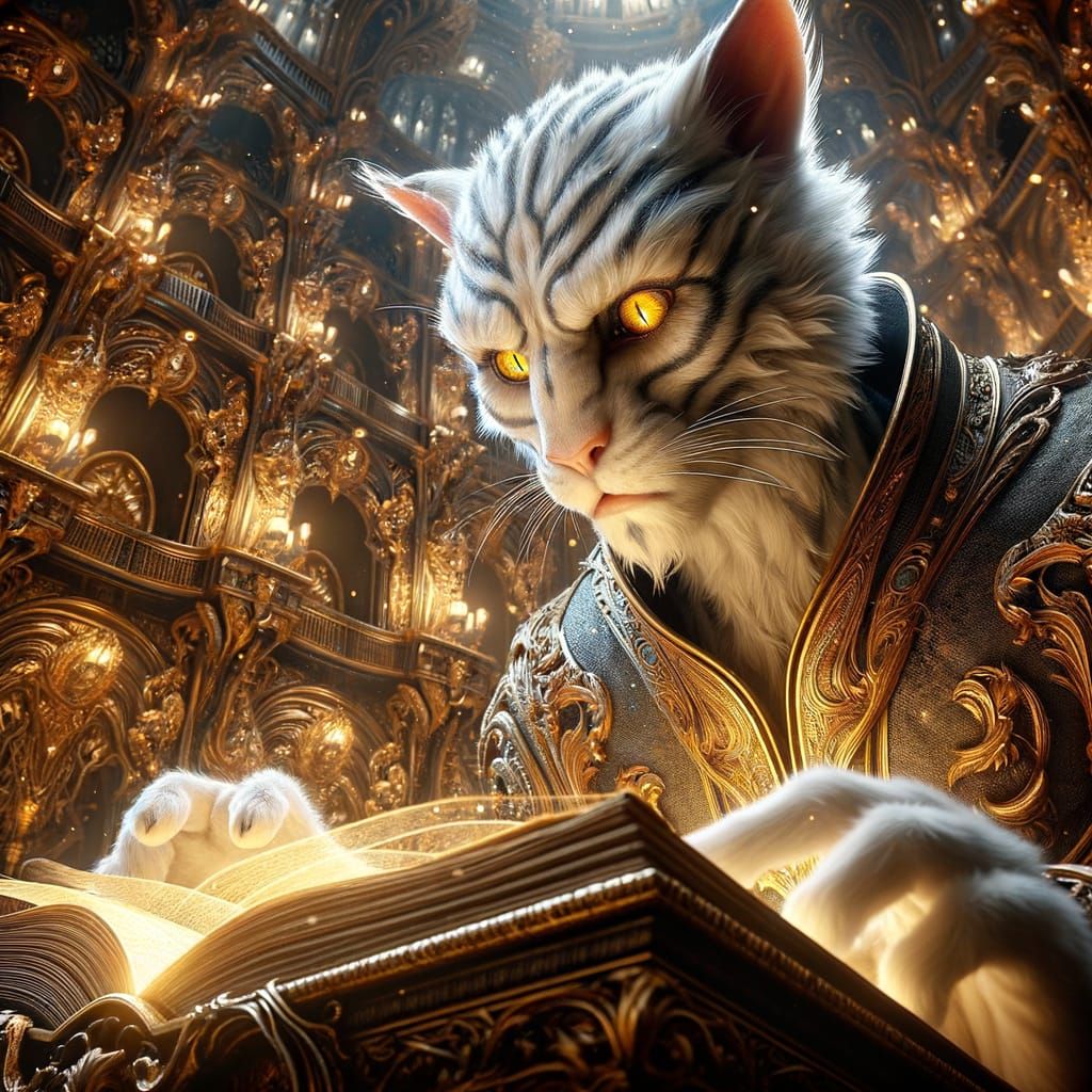 Cat Wizard Studying Ancient Tome in Tower