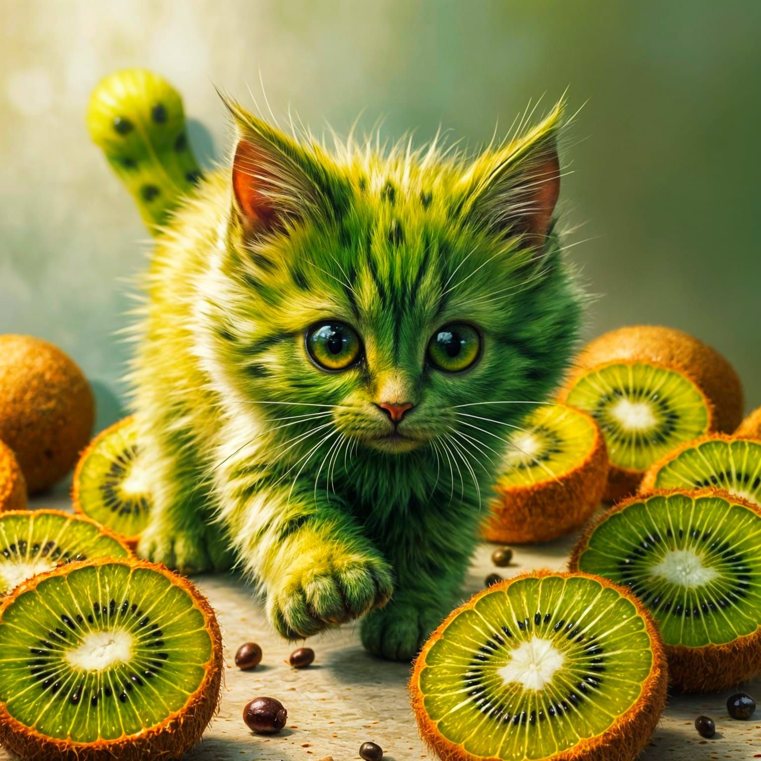 Whimsical Kiwi Cat in Vibrant Graffiti Art