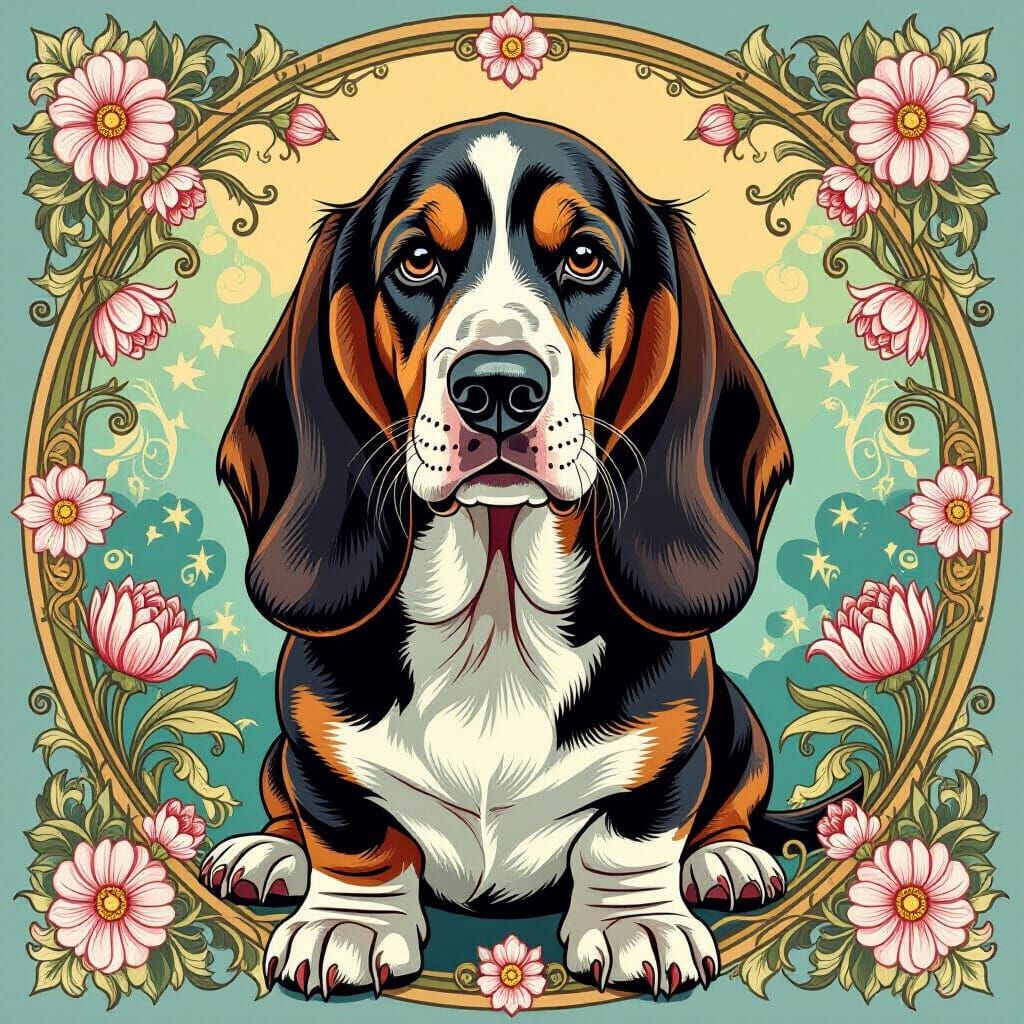 Art Nouveau Basset Hound with Vector Flowers