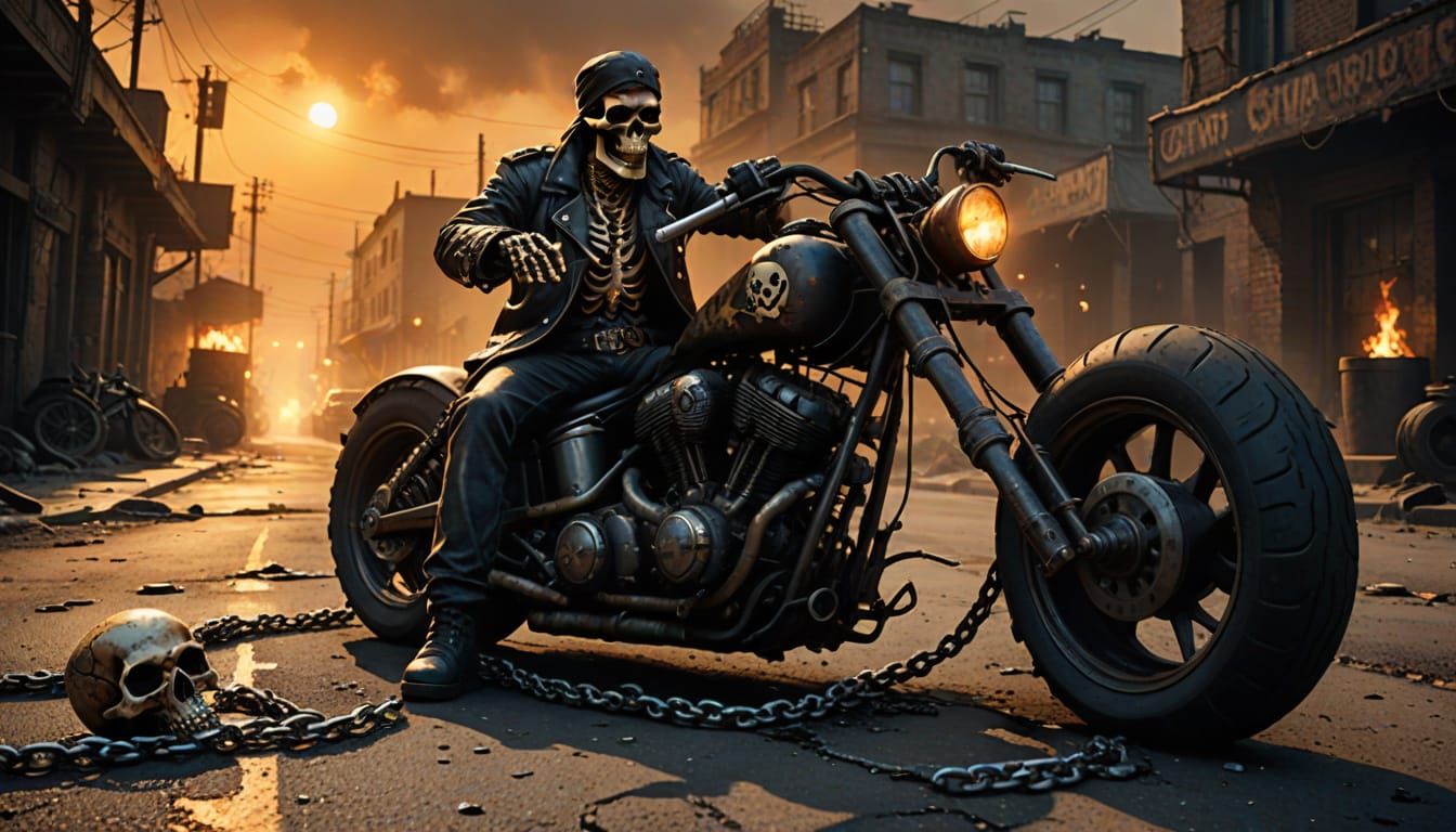 Dark Fantasy Skeleton Biker Pirate in Grungy, Distressed Art...