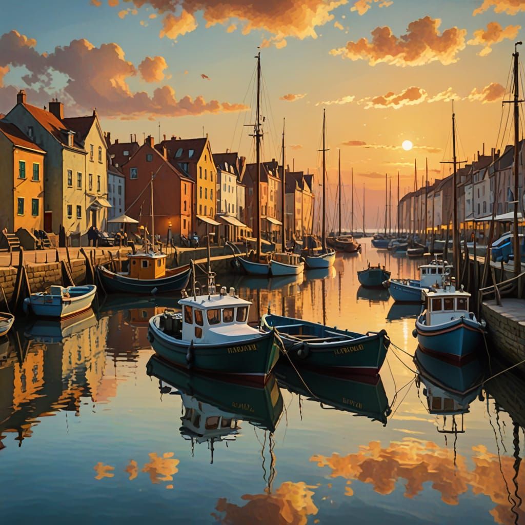 Impressionistic Harbor at Golden Hour with Fishing Boats
