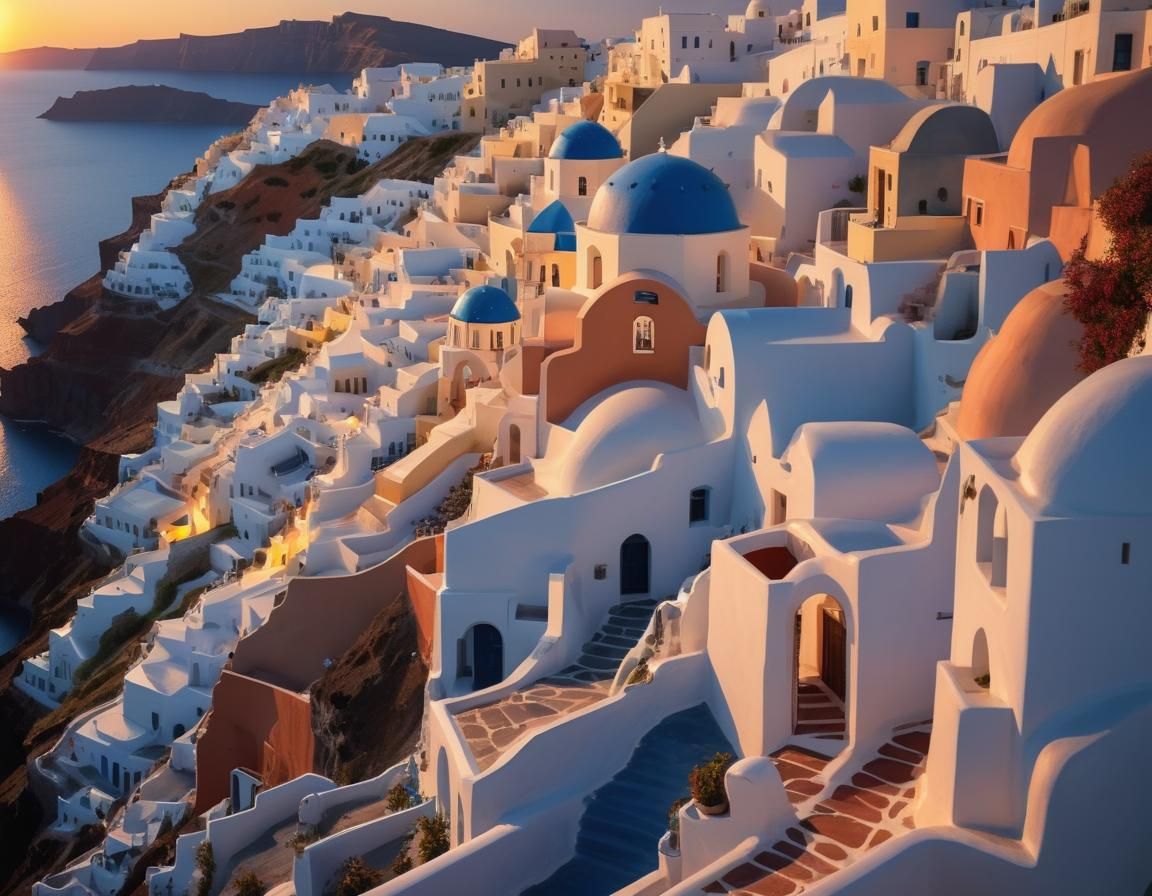 Santorini Sunset: Hyperrealistic Splash Art of Oia Town