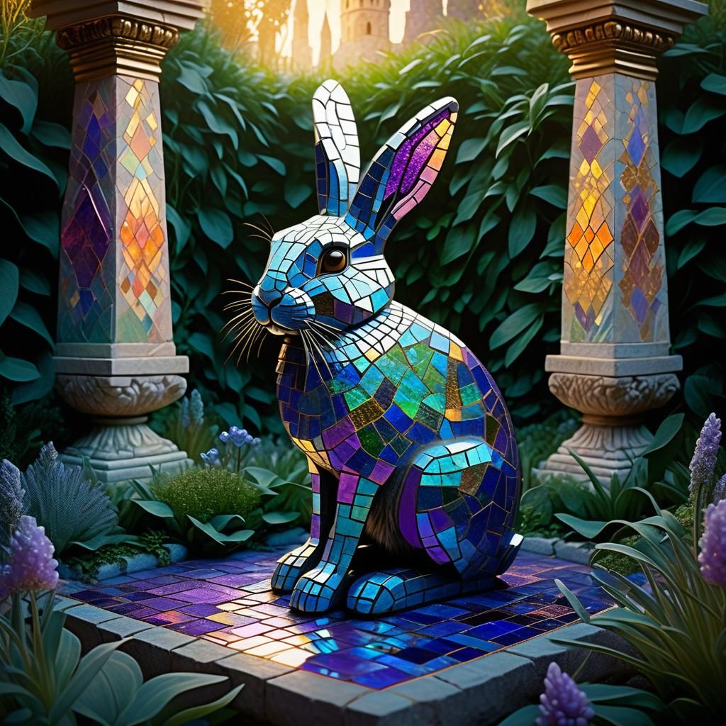 Mosaic Rabbit in Mystical Garden: Fantasy Illustration