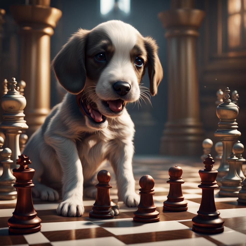 Puppy Love in a Chess Dreamscape: Detailed Matte Painting