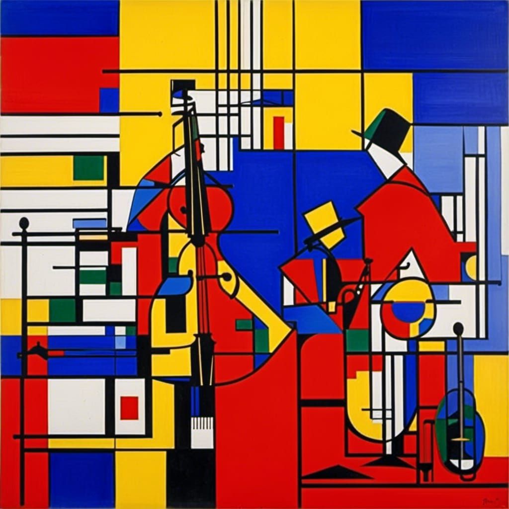 Art by Piet Mondrian, a lively jazz club, geometric abstraction of musicians, patrons, intersecting lines, primary color...