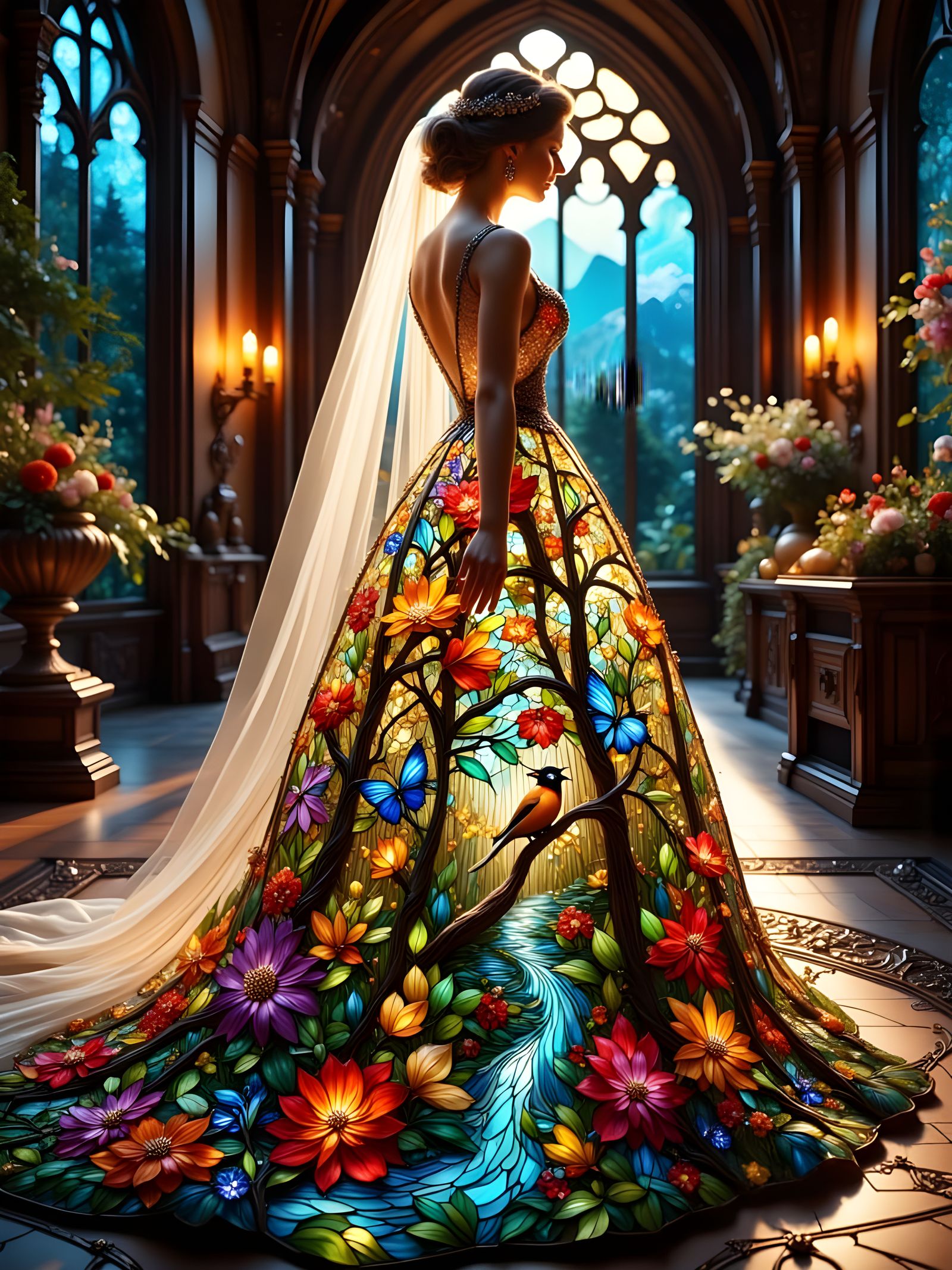 Stained Glass Bride in Vibrant Mosaic Wedding Attire