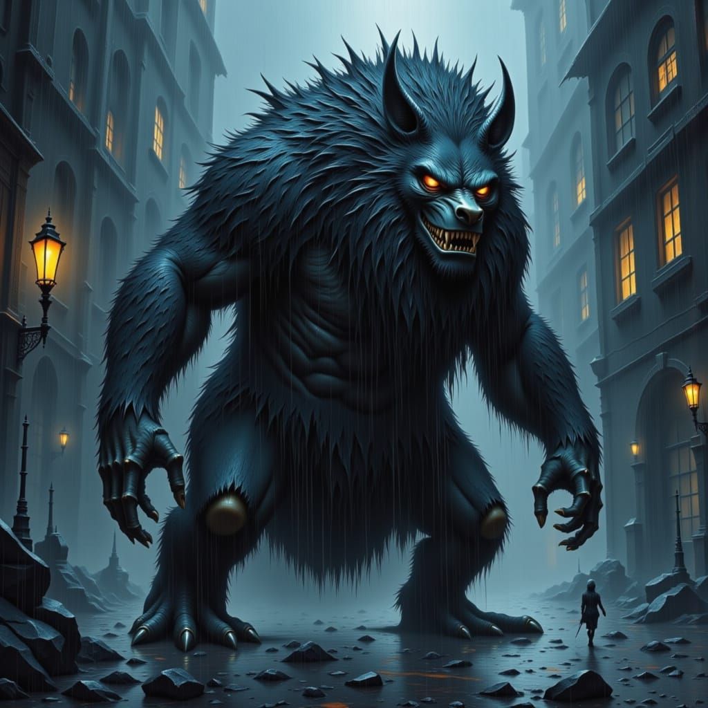 Mysterious Monster Appears in Rainy Cityscape