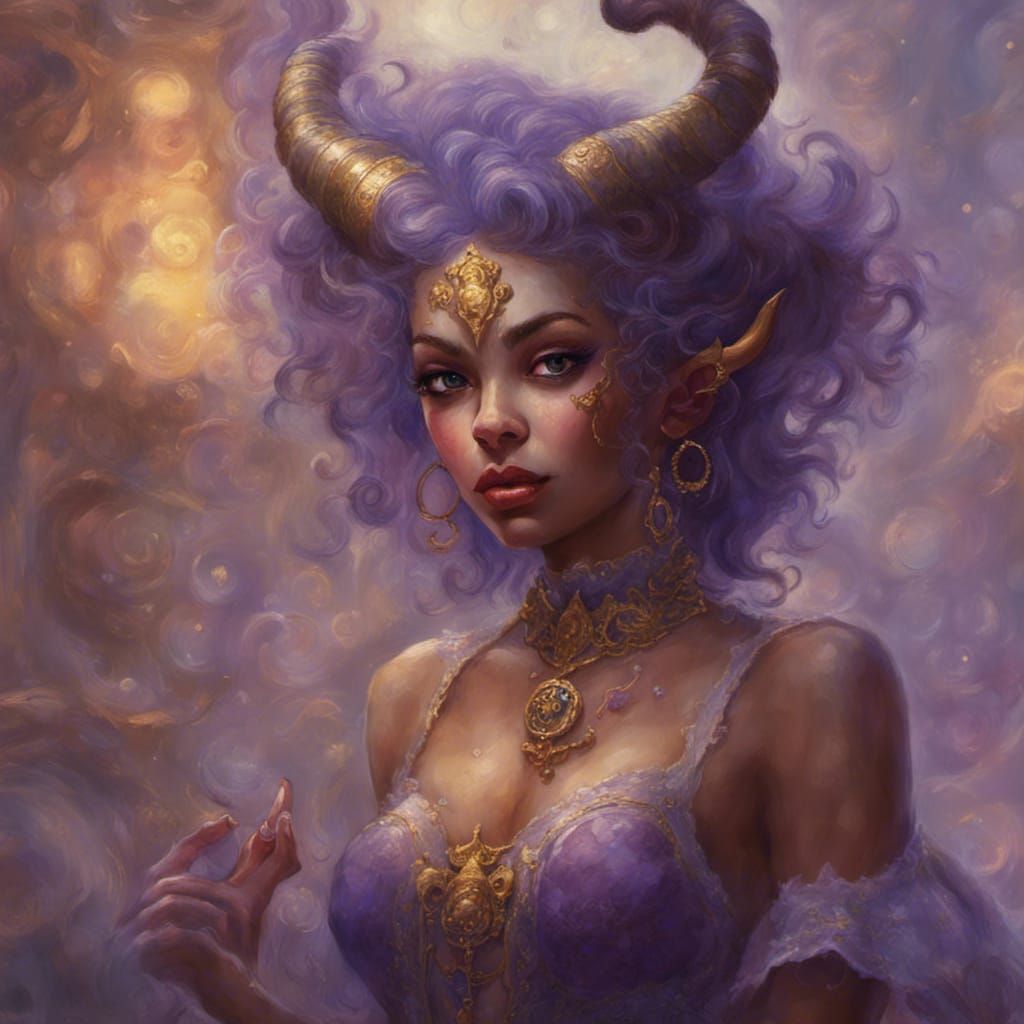 Purple Tiefling Warlock in Ethereal Fantasy Scene