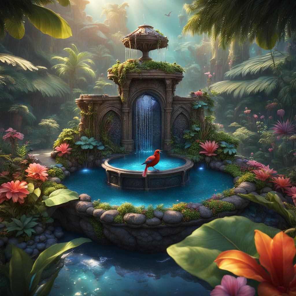 Hawaiian Fairy Garden with Fountain: Detailed Matte Painting