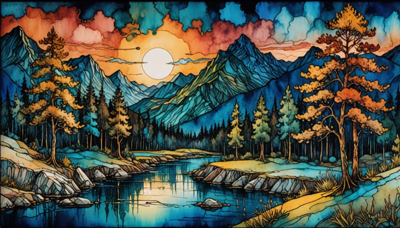 Colorful Sunset Mountain Landscape in Alcohol Ink Style