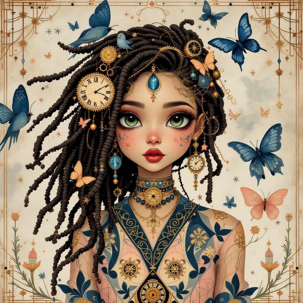 Girl in Whimsical Art Deco Dreamscape with Steampunk Element...