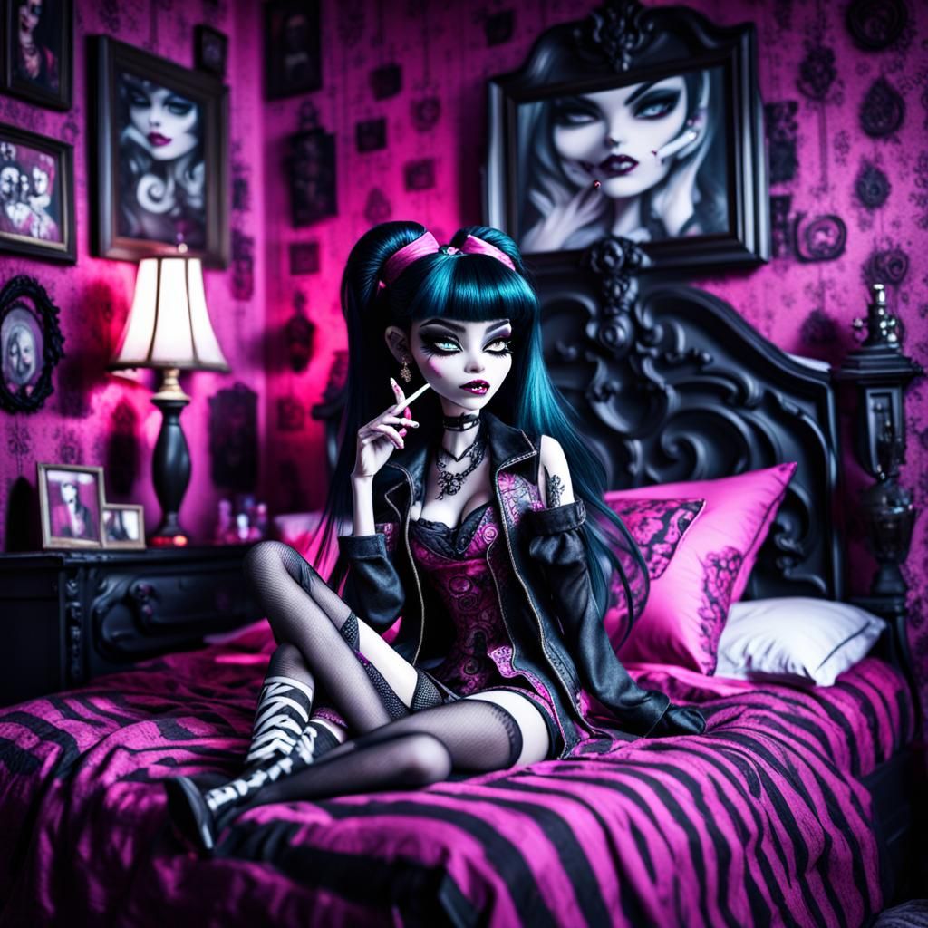 emo monster high draculaura smoking cigarettes in bed grunge bedroom (leg fail)